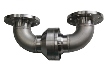 Hydraulic rotary joint with double bend flange connection